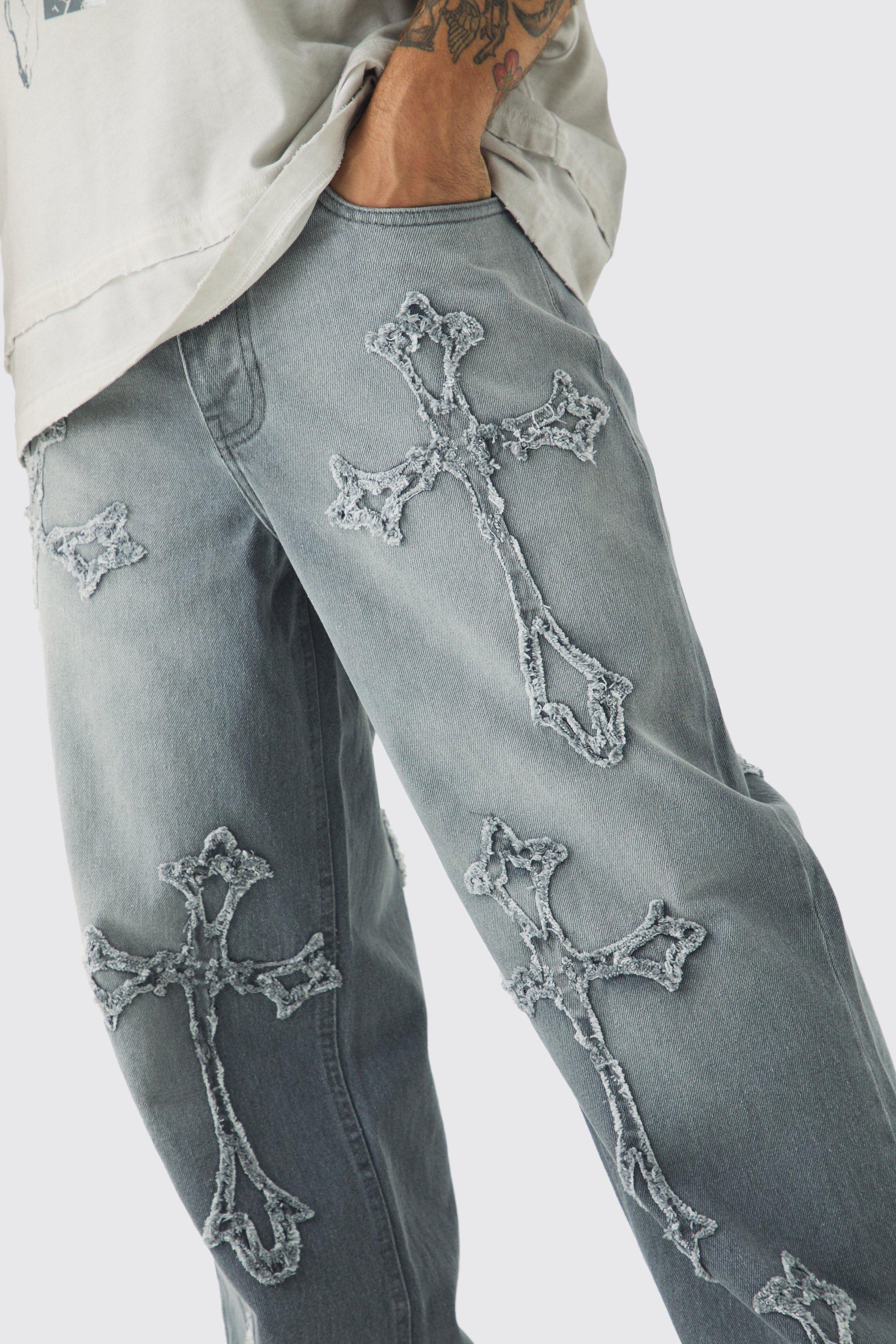 Baggy Rigid Cross Applique Jeans In Light Grey | boohoo USA Baggy Rigid Cross Applique Jeans In Light Grey | boohoo USA